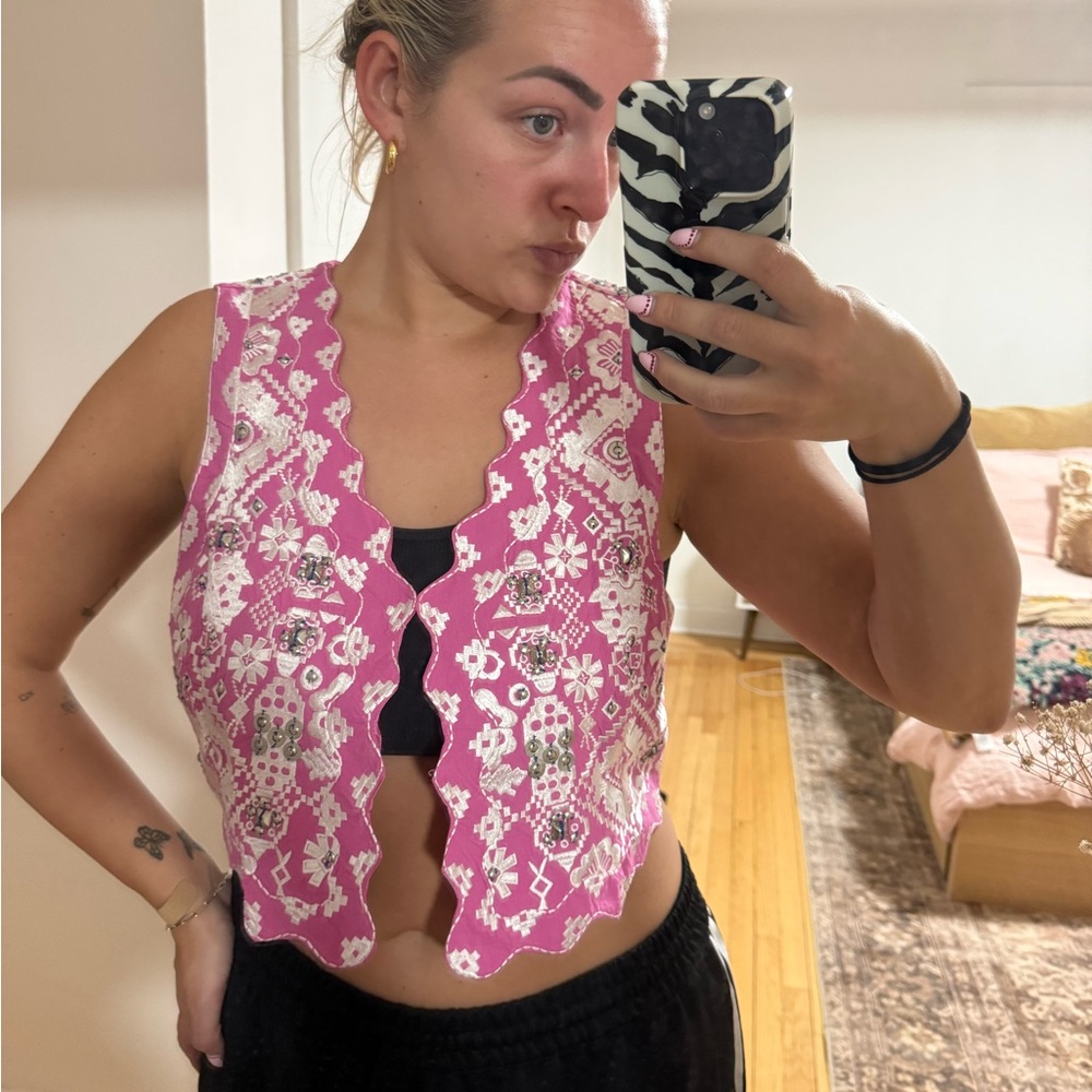 Free People Pink Embellished Cropped Vest